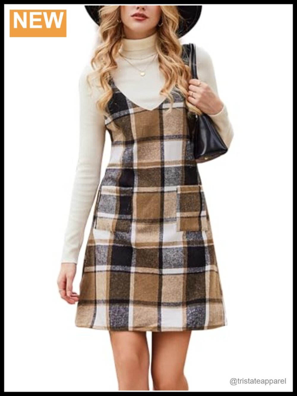 Plaid Pinafore Mini Dress Front Patch Pockets Wide Straps Fall Dress